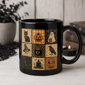 Halloween Quilt Cup, Black Glossy Mug, Gift for Women, Spooky Season, Cottagecore Coffee Mug