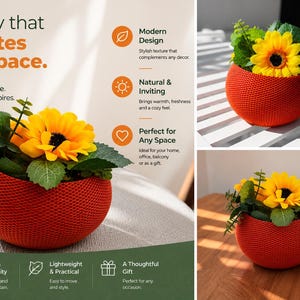 Pode incluir: Um vaso redondo e texturizado de cor laranja contendo girassóis amarelos artificiais e folhagem verde. A imagem inclui o texto: Beauty that elevates any space. A touch of nature. A home that inspires. Modern Design, Natural & Inviting, Perfect for Any Space, Durable & High Quality, Lightweight & Practical, A Thoughtful Gift, Bring nature home.