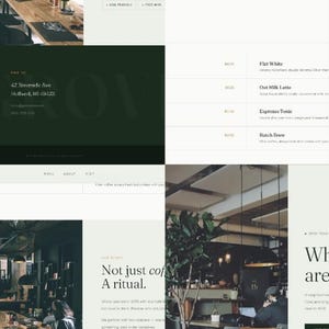 May include: A website interface for a coffee shop named Grove, featuring a dark green and cream color palette. The layout displays menu items like Flat White and Oat Milk Latte, location details for Riverside Ave, and interior photography.