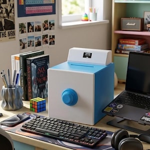 Puede incluir: Un dispositivo cúbico de color blanco y azul con un mando circular azul en el centro de la parte frontal y una pequeña pantalla rectangular en la parte superior. El dispositivo tiene una ranura en la parte superior y muestra el texto "TOOKY TOY BOX".