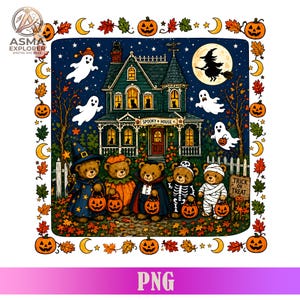 Può includere: Un'illustrazione digitale con cinque orsacchiotti in costume di Halloween davanti a una casa con la scritta SPOOKY HOUSE. La scena include fantasmi, una strega su una scopa e un bordo di zucche, foglie e lune su uno sfondo scuro.
