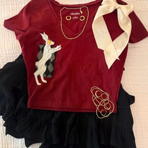 Könnte beinhalten: Ein kastanienbraunes V-Ausschnitt-T-Shirt mit weißer Hasen-Applikation, einer cremefarbenen Satinschleife, einer Goldkette, zwei goldenen Creolen und einem Stapel goldener Ringe über einem schwarzen, gestuften Rüschenrock. Das Shirt zeigt den Text Wild Fable.