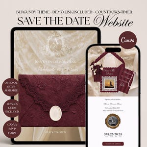 Bordeauxrode trouwwebsite-template: RSVP, afteltimer, Canva Save the Date en geanimeerde kanten envelop