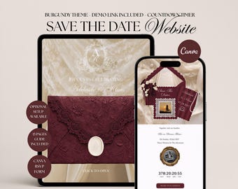 Burgundy Wedding Website Template: RSVP, Countdown, Canva Save the Date & Animated Lace Envelope