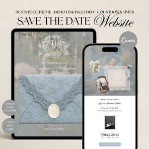 May include: A tablet and smartphone displaying a dusty blue themed wedding website template. The screen shows text including SAVE THE DATE Website, The Wedding of Daphne & Sebastian, and a countdown timer. The design features a blue lace envelope.