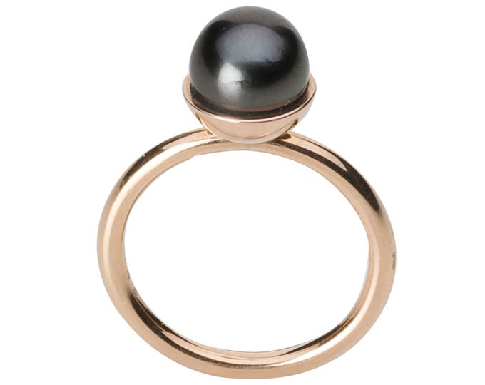 Ring, 14 Kt red gold, Tahitian cultivated pearl, dark grey.
