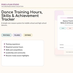 Könnte beinhalten: Ein digitales Dokument zur Nachverfolgung von Tanztrainingsstunden, Fähigkeiten und Erfolgen. Die Seite enthält Abschnitte für Training, Fähigkeiten und Erfolge sowie Zeilen für den Namen des Tänzers und die Saison.