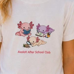 Axolotl After School Club Kids Tee | Cute Axolotl Trio Illustration T-Shirt | Reading, drawing, exploring