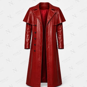 May include: A long, vibrant red leather trench coat featuring a wide cape-style collar, long sleeves, and a front button closure. The coat has a smooth, polished finish and a deep red interior lining, extending to a full-length hemline.