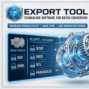 Könnte beinhalten: Eine digitale Software-Oberfläche mit dem Titel EXPORT TOOL STANDALONE SOFTWARE FOR BATCH CONVERSION. Die Grafik zeigt eine zentrale metallische Getriebeeinheit, umgeben von verschiedenen Dateiformat-Symbolen wie PDF, STEP, IGES, DWG, DXF und STL.