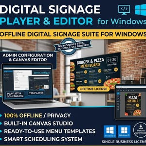 May include: Digital signage player and editor software for Windows featuring an offline suite, admin configuration, canvas editor, playlist scheduling, and menu templates. Includes a lifetime license, privacy features, and instant download for Windows 10 and 11.