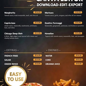 May include: A digital menu template featuring a dark background with gold accents, displaying pizza options like Margherita and Chicago Deep-Dish, sides, and drinks. Text includes BUILT-IN CANVA EDITOR, DOWNLOAD-EDIT-EXPORT, and EASY TO USE.