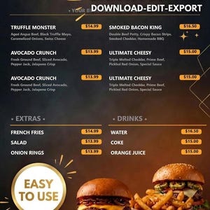 May include: A digital restaurant menu template featuring a dark background with white text listing items like Truffle Monster, Smoked Bacon King, and Avocado Crunch. The design includes a Built-In Canva Editor label, pricing, and images of two beef burgers with fries.