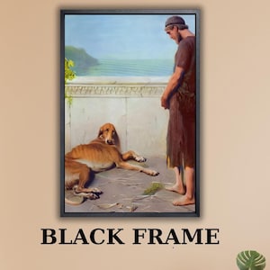 Puede incluir: Una impresión de arte mural enmarcada que muestra una pintura de una persona de pie junto a un perro marrón en una terraza de piedra. La escena incluye un muro de piedra bajo, un paisaje lejano y el texto BLACK FRAME impreso en negro.