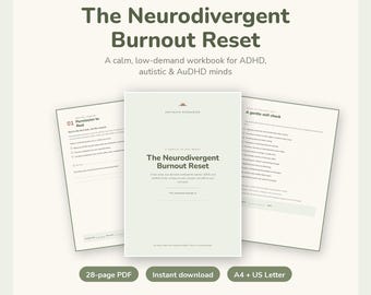 May include: A digital workbook titled The Neurodivergent Burnout Reset, featuring a 28-page PDF format available for instant download in US Letter size. The cover and interior pages display dark green text on a light cream background with checklists.