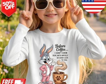 Maglietta a maniche lunghe per bambini con stampa di coniglietto del caffè e maglietta con grafica di coniglio.