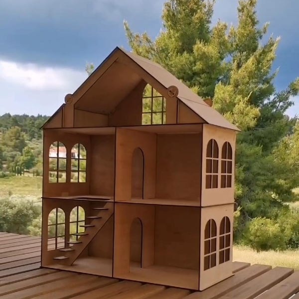 Kit fai da te per casa delle bambole in compensato con tetto apribile e scale