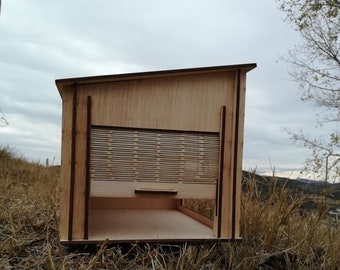 1/6 Wooden Garage Dollhouse with Roller Shutter Door and Slanted Roof