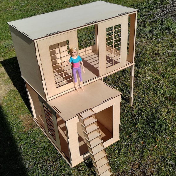 2 Storey Wooden Dollhouse Plywood Scale 1:6 with sliding doors and stairs for 12in big dolls