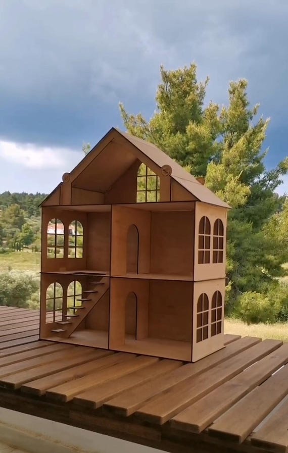 Wooden Dollhouse Plywood DIY Kit with Opening Roof and Stairs