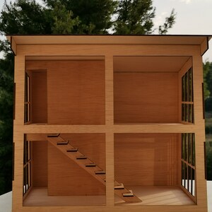 K&ouml;nnte beinhalten: Ein Holzpuppenhaus mit einer Treppe und Fenstern. Das Puppenhaus ist aus hellbraunem Holz gefertigt und hat ein schlichtes Design.
