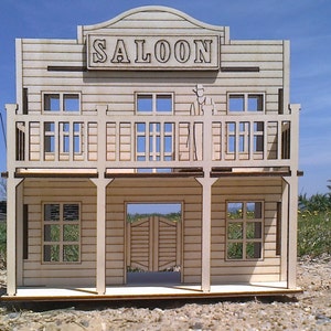 Wild West Saloon Wooden Dollhouse 1:18 DIY Plywood Kit with revolving doors