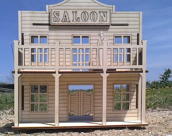 Wild West Saloon Wooden Dollhouse 1:18 DIY Plywood Kit with revolving doors