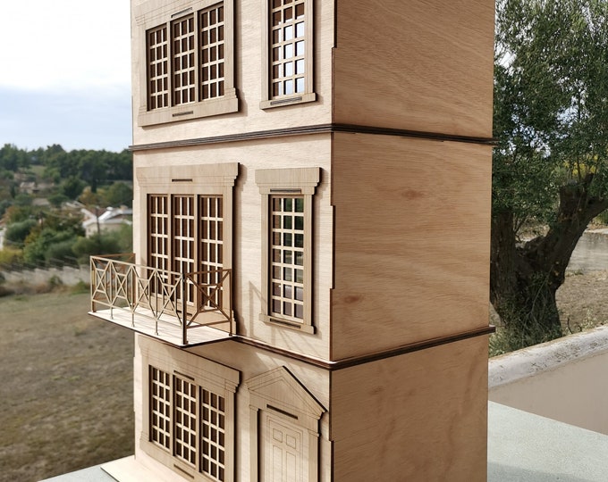3-storey Chicago Mansion with Balcony Dollhouse DIY Kit Scale 1:12
