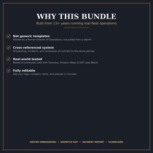 May include: A dark blue informational graphic titled WHY THIS BUNDLE, Built from 13+ years running real fleet operations. It lists four check-marked features: Not generic templates, Cross-referenced system, Real-world tested, and Fully editable.