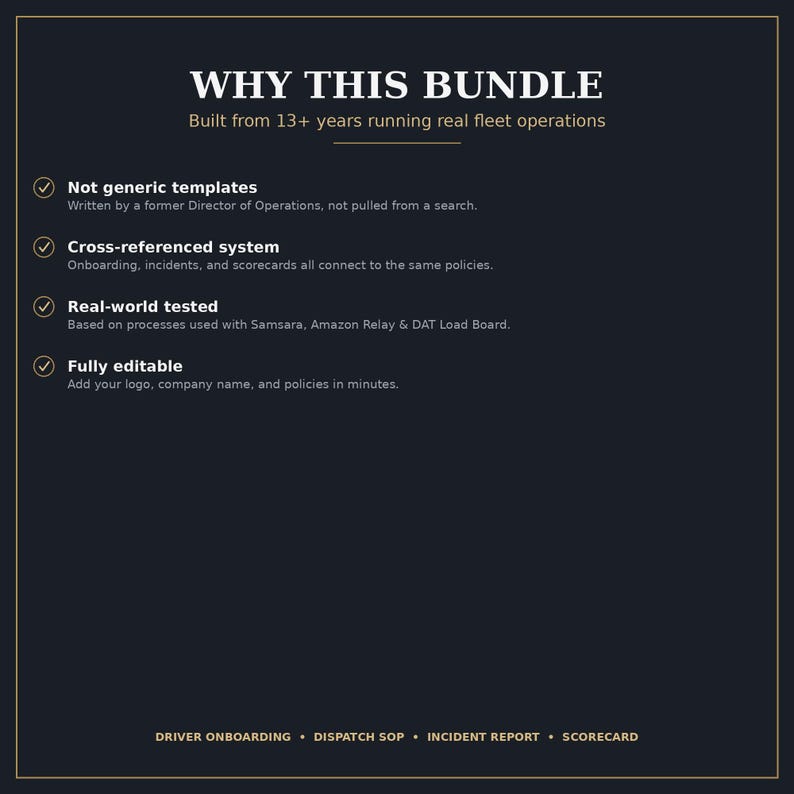 May include: A dark blue informational graphic titled WHY THIS BUNDLE, Built from 13+ years running real fleet operations. It lists four check-marked features: Not generic templates, Cross-referenced system, Real-world tested, and Fully editable.