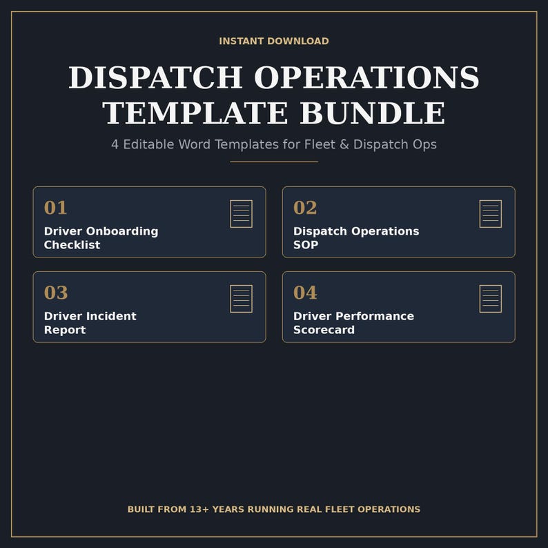May include: A dark blue digital template bundle titled Dispatch Operations Template Bundle with four editable Word documents: Driver Onboarding Checklist, Dispatch Operations SOP, Driver Incident Report, and Driver Performance Scorecard.