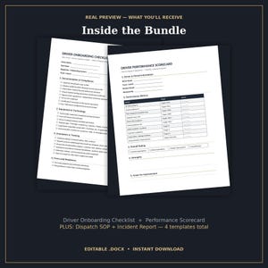 May include: A digital document bundle featuring a Driver Onboarding Checklist and a Driver Performance Scorecard. The pages include sections for driver information, compliance, equipment, training, and performance metrics with blank fields for data entry.