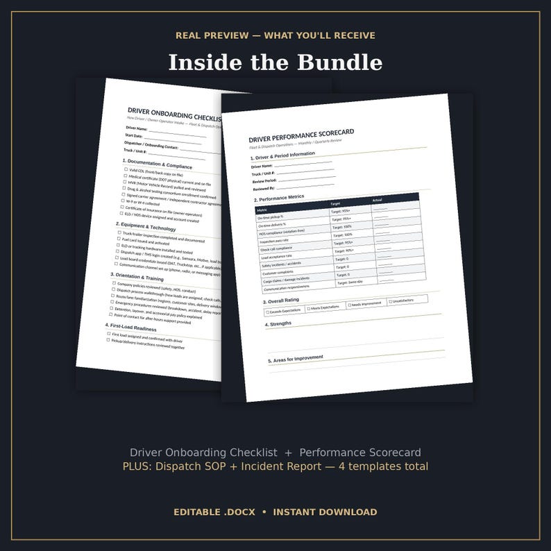 May include: A digital document bundle featuring a Driver Onboarding Checklist and a Driver Performance Scorecard. The pages include sections for driver information, compliance, equipment, training, and performance metrics with blank fields for data entry.
