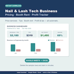 May include: A digital business dashboard template for nail and lash technicians titled Nail & Lash Tech Business Pricing · Booth Rent · Profit Tracker. It displays revenue, tips, net profit, and margin data with a monthly bar chart for Google Sheets and Excel.