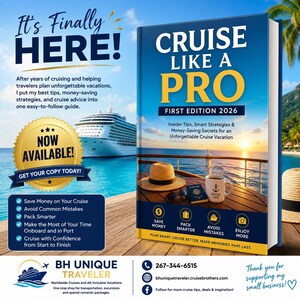 Op de afbeelding: Een boek getiteld Cruise Like A Pro First Edition 2026 met een omslagafbeelding van een cruiseschip, een strooien hoed, een paspoort en een mok op een houten dek. De promotionele afbeelding bevat tekst over reistips en geldbesparende strategieën.