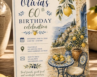 Invito di compleanno italiano, modello Canva modificabile, invito di compleanno Costiera Amalfitana, festa di compleanno mediterranea, invito di compleanno per adulti