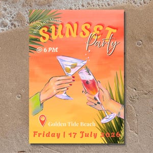 Summer Sunset Party Invite and Drink Menu, Sunset Themed