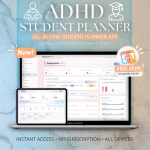 May include: A laptop and tablet displaying an ADHD Student Planner app interface with sections for classes, assignments, exams, and study. Text includes ADHD STUDENT PLANNER, ALL-IN-ONE STUDENT PLANNER APP, NEW, and FREE DEMO TRY BEFORE YOU BUY.