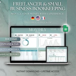 May include: A digital bookkeeping spreadsheet for freelancers and small businesses displayed on two laptop screens. The interface features a monthly summary, income, expense, tax, auto-monthly, and annual report sections with charts and data tables in teal and white.