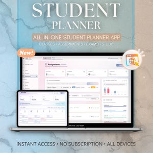 Może przedstawiać: Cyfrowa aplikacja do planowania dla studentów wyświetlana na ekranie laptopa i tabletu. Interfejs pokazuje sekcje dotyczące zadań, zajęć, egzaminów i harmonogramów nauki. Tekst zawiera STUDENT PLANNER, ALL-IN-ONE STUDENT PLANNER APP i NEW.