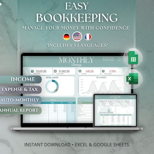 May include: A digital bookkeeping spreadsheet template for Excel and Google Sheets displayed on a laptop and tablet screen. The interface features a monthly summary dashboard with charts, income, expense, tax, and annual report tracking tools.