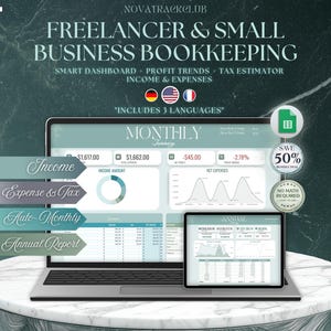Freelancer & Small Business Bookkeeping Spreadsheet Income, Expense and Tax Tracker, 3 Languages (Google Sheets)