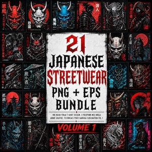 May include: A digital collection of 21 Japanese streetwear graphic designs featuring Oni masks, cyber ninjas, and samurai in red, blue, and black color palettes. The central text reads 21 JAPANESE STREETWEAR PNG + EPS BUNDLE VOLUME 1.