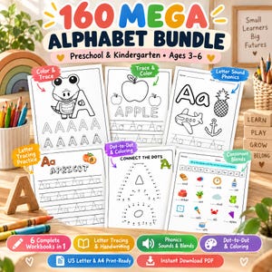 Pode incluir: Um conjunto educativo imprimível 160 Mega Alphabet Bundle para pré-escola e jardim de infância. As páginas apresentam desenhos de linhas a preto e branco para traçar, colorir, atividades de ligar pontos e exercícios de fonética.