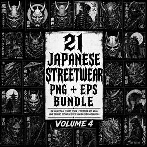 Könnte beinhalten: Eine Sammlung von 21 schwarz-weißen Grafikdesigns mit japanischen Oni-Masken, Samurai und Cyberpunk-Charakteren. Der zentrale Text lautet 21 JAPANESE STREETWEAR PNG + EPS BUNDLE, ONI MASK YOKAI T-SHIRT DESIGN, CYBERPUNK NEO NINJA, VOLUME 4.