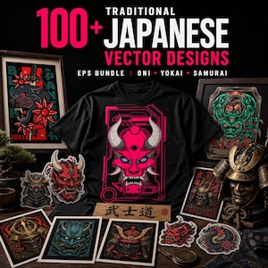 May include: A black t-shirt featuring a pink oni mask graphic, surrounded by various prints and stickers of samurai helmets, oni masks, and mythical creatures. The text reads 100+ TRADITIONAL JAPANESE VECTOR DESIGNS EPS BUNDLE ONI YOKAI SAMURAI.