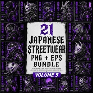 Puede incluir: Una colección digital de 21 diseños gráficos de moda urbana japonesa con ilustraciones en morado y negro de samuráis cibernéticos, máscaras oni, ninjas y personajes futuristas con etiquetas de texto, presentados como un paquete PNG y EPS volumen 5.