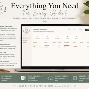 May include: A laptop displaying a Caseload Dashboard interface for school psychologists. The screen shows student data, deadlines, and progress tracking. Text includes Everything You Need For Every Student, Professional Caseload Tools For School Psychologists, and feature lists for managing caseloads, organizing assessments, and compliance.