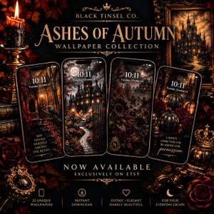 Op de afbeelding: Vier smartphones tonen donkere, sfeervolle digitale achtergronden uit de Ashes of Autumn collectie van Black Tinsel Co. De schermen bevatten gotische beelden waaronder een kasteel, ruïnes, zonnebloemen en pompoenen met tekst.