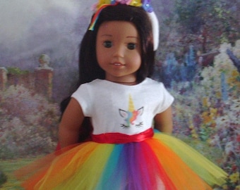 Rainbow Unicorn Tee Shirt and Tutu for American Girl Dolls